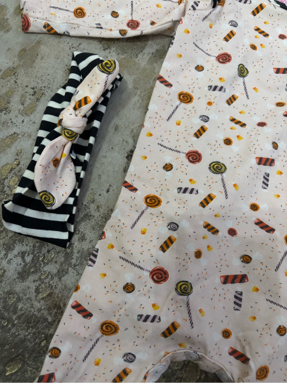 Pink Candy-Print Footie with Striped Trim and Headband - Picture 2 of 3